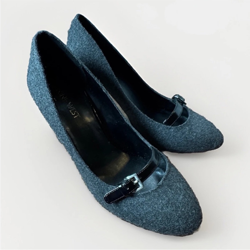 (7.5.) NINE WEST Dark Gray Textile Tall Heeled Shoes w/ Patent Leather - Picture 10 of 12